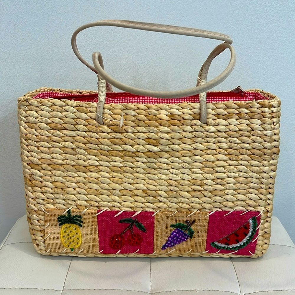 Beaded and Patch fruit straw tote with zipper closure